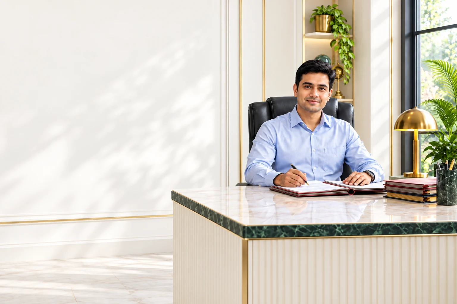 Illustrative professional at an office desk in a black chair